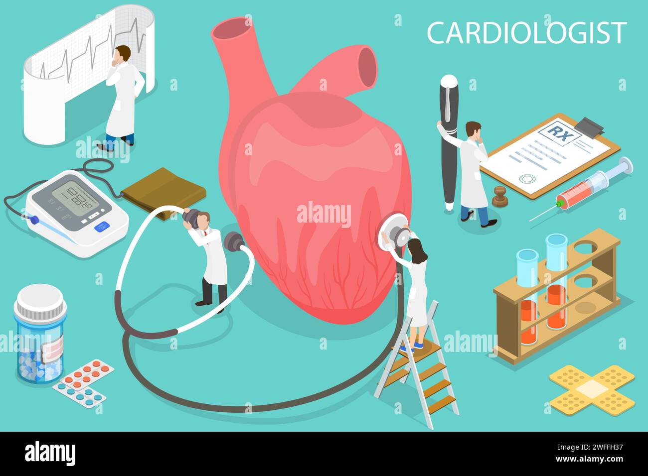 Illustrazione concettuale del vettore piatto isometrico 3D del cardiologo, controllo dello stato. Illustrazione Vettoriale