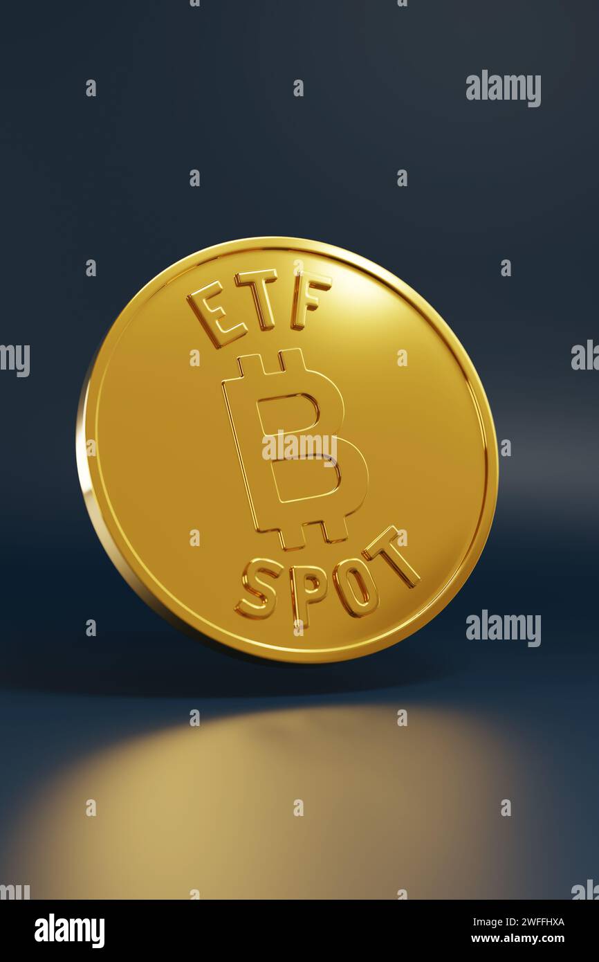Golden Bitcoin ETF Spot isolato su sfondo scuro. illustrazione 3d. Foto Stock