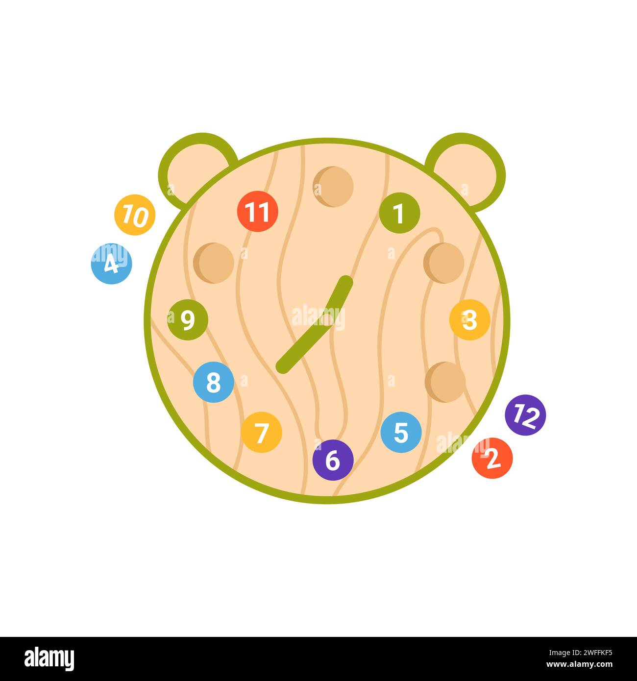 Orologio colorato in legno. Montessori Development Education game cartoon illustrazione vettoriale Illustrazione Vettoriale