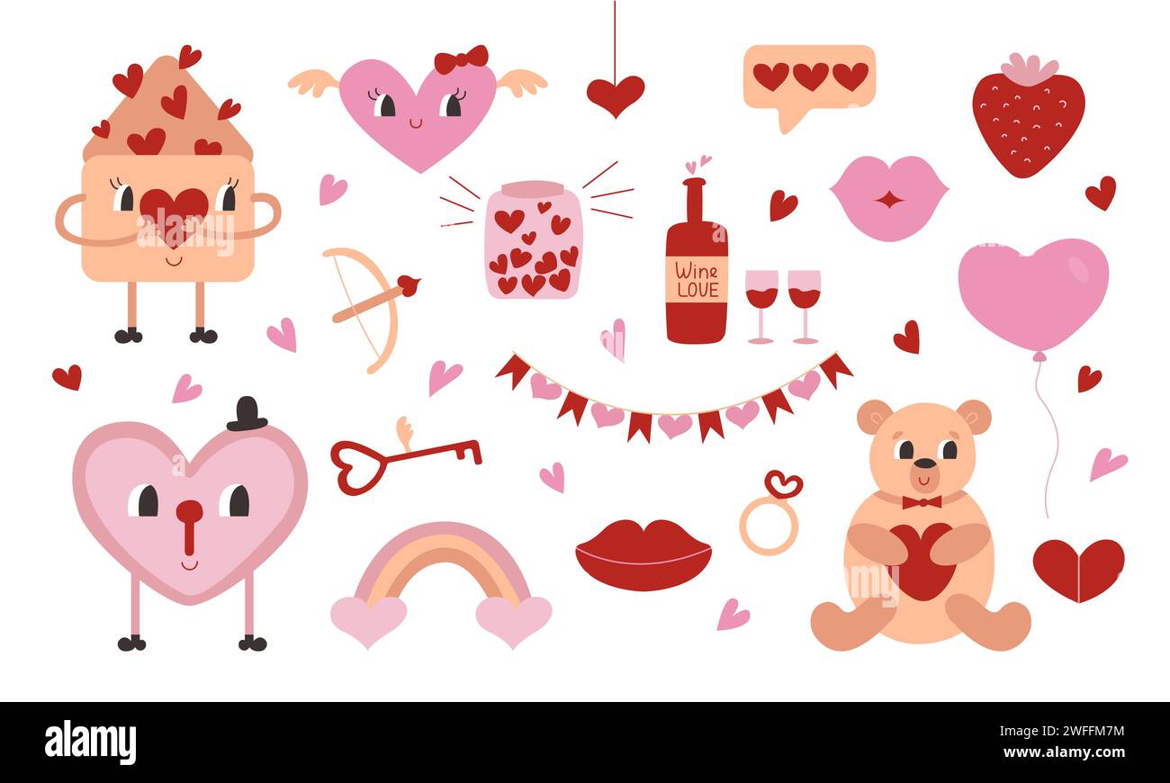 Kawaii di San Valentino, grazioso set in stile retrò e color pesca fuzz con personaggi piatti: Cuore, orso, busta, lucchetto con chiave. Amore e matrimonio Illustrazione Vettoriale