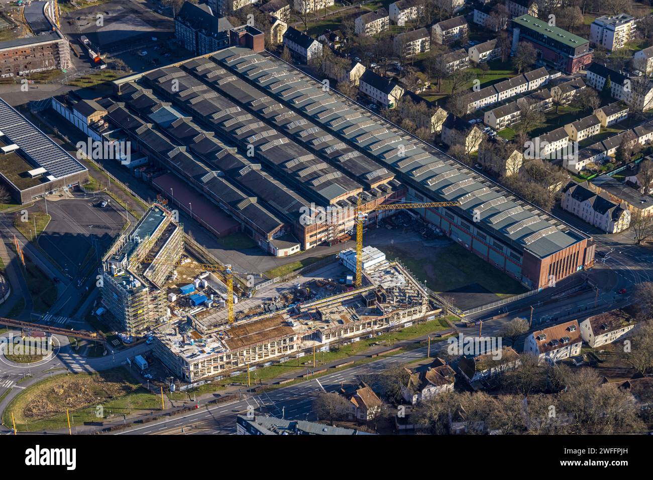 Luftbild, TRIUM Business Campus Bochum, Baustelle mit Neubau neben der Jahrhunderthalle, Kruppwerke, Bochum, Ruhrgebiet, Nordrhein-Westfalen, Deutschland ACHTUNGxMINDESTHONORARx60xEURO *** Vista aerea, TRIUM Business Campus Bochum, cantiere con nuovo edificio vicino al Jahrhunderthalle, Kruppwerke, Bochum, zona della Ruhr, Renania settentrionale-Vestfalia, Germania ACHTUNGxMINDESTHONORARx60xEURO Foto Stock