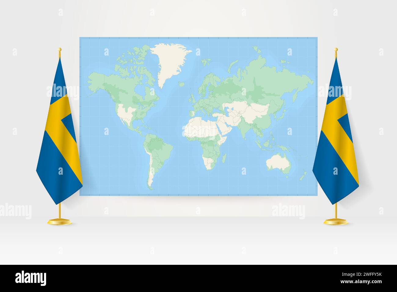 Mappa del mondo tra due bandiere sospese della Svezia sul supporto. Illustrazione vettoriale per riunioni diplomatiche, conferenze stampa e altro. Illustrazione Vettoriale