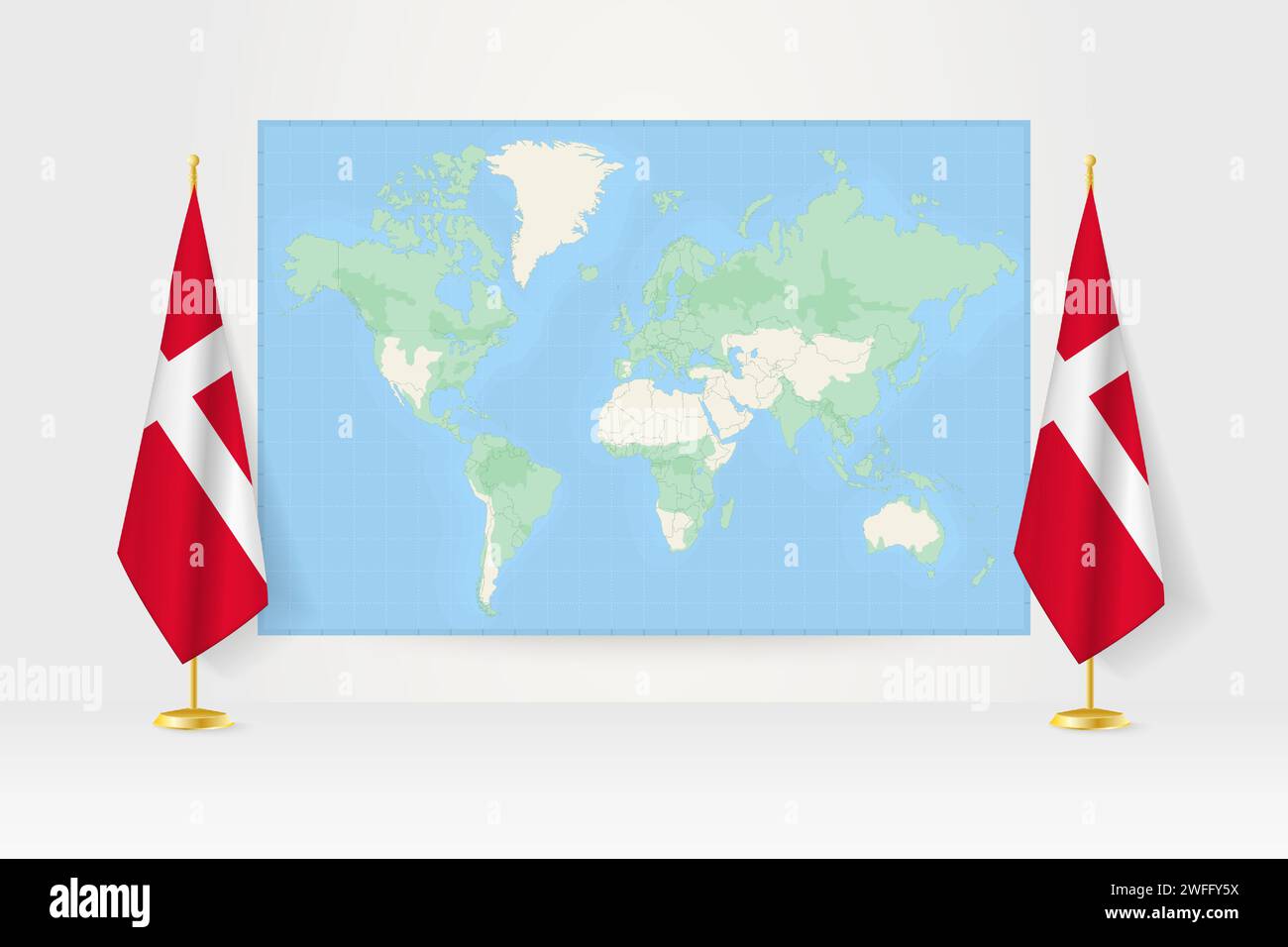Mappa del mondo tra due bandiere appese della Danimarca sul supporto. Illustrazione vettoriale per riunioni diplomatiche, conferenze stampa e altro. Illustrazione Vettoriale