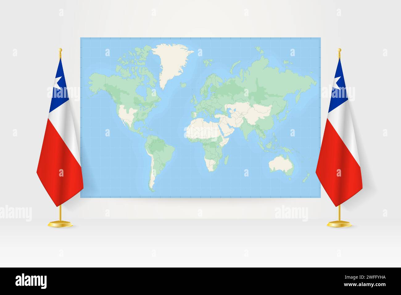 Mappa del mondo tra due bandiere appese del Cile sul supporto. Illustrazione vettoriale per riunioni diplomatiche, conferenze stampa e altro. Illustrazione Vettoriale