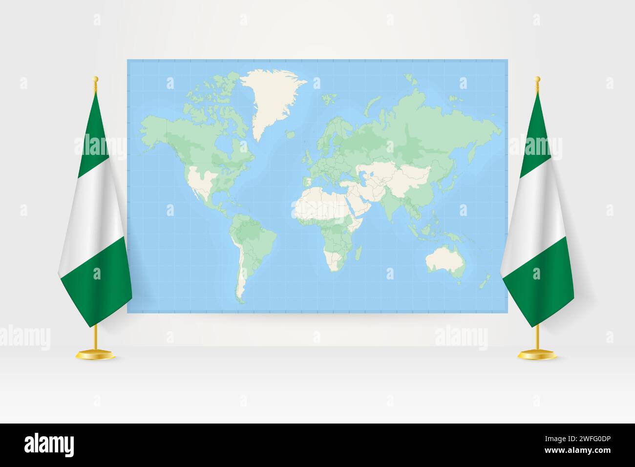 Mappa del mondo tra due bandiere appese della Nigeria sul supporto. Illustrazione vettoriale per riunioni diplomatiche, conferenze stampa e altro. Illustrazione Vettoriale