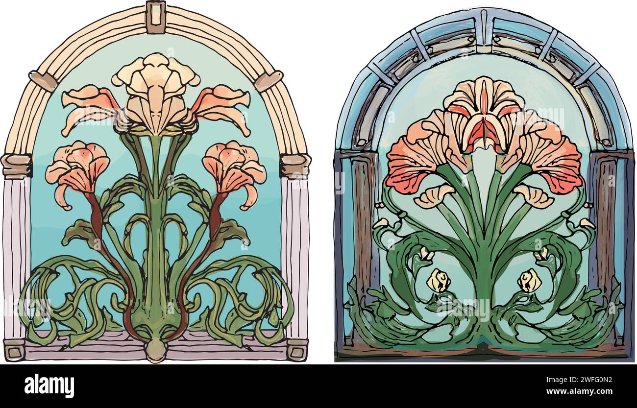 Set di due finestre ad arco in vetro colorato con motivi floreali di giglio e illustrazione in stile art nouveau Illustrazione Vettoriale