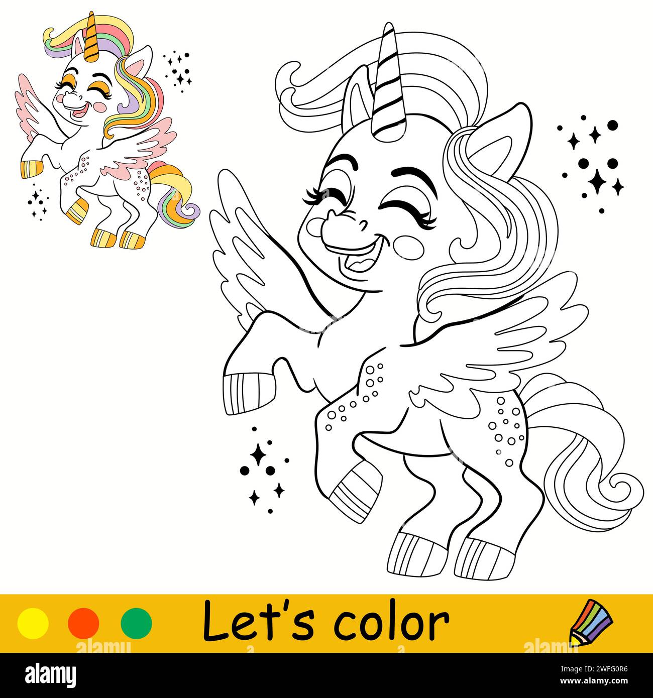 Cartoni animati, simpatico unicorno con ali. Pagina di libri da colorare per bambini. Unicorn. Contorno nero su bianco. Illustrazione vettoriale isolata con colorazione Illustrazione Vettoriale