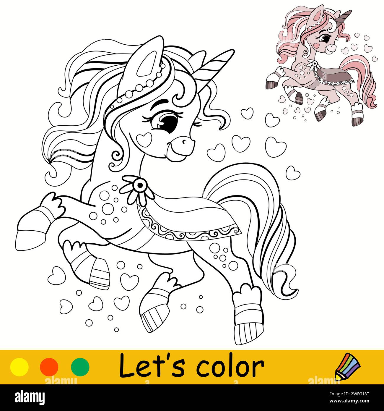 Cartoni animati, simpatico unicorno magico. Pagina di libri da colorare per bambini. Unicorn. Contorno nero su sfondo bianco. Illustrazione vettoriale isolata con colorfu Illustrazione Vettoriale
