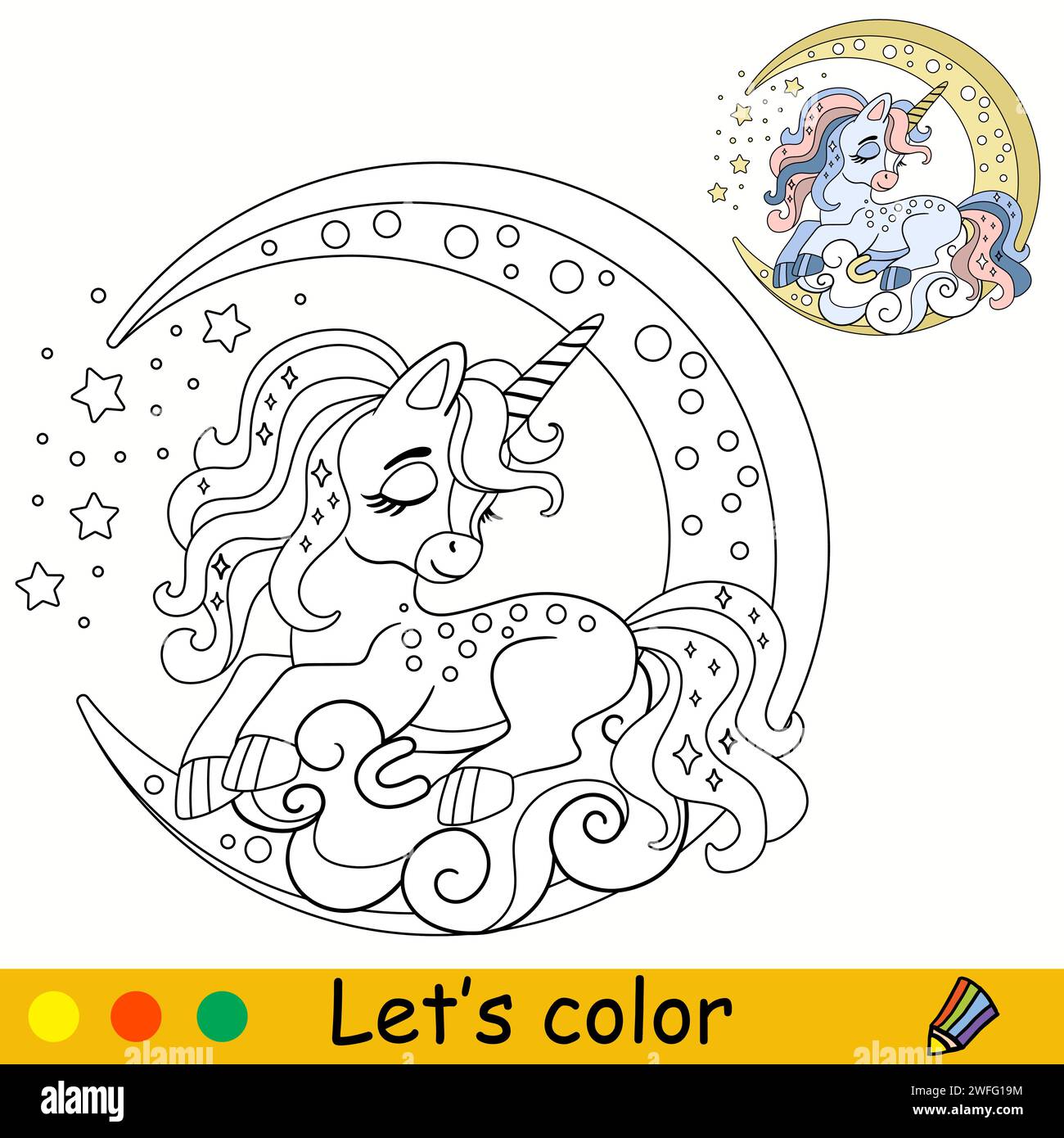 Cartoni animati, simpatico unicorno sonnolento. Pagina di libri da colorare per bambini. Unicorn. Contorno nero su sfondo bianco. Illustrazione vettoriale isolata con Illustrazione Vettoriale