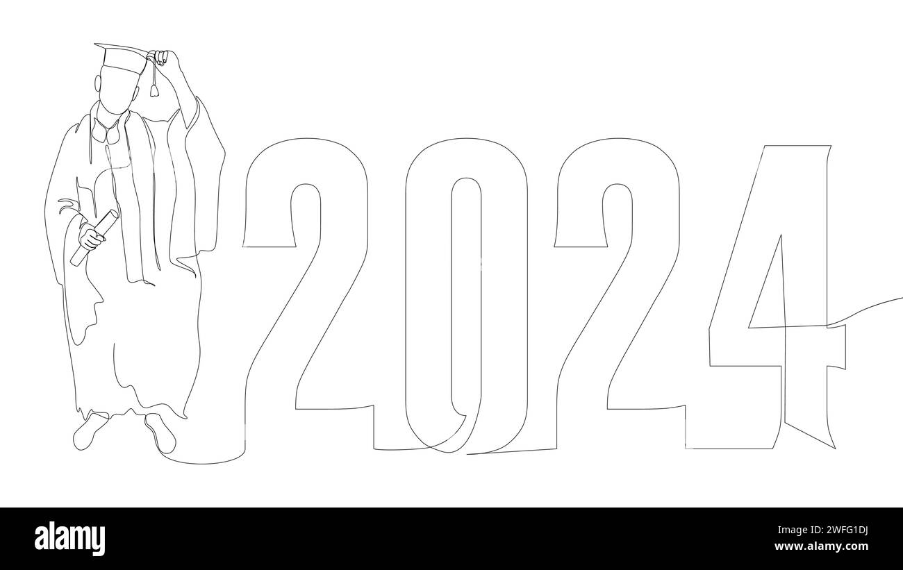 Una linea continua di laurea universitaria con il numero 2024. Concetto vettoriale illustrazione a linee sottili. Idee creative per disegnare contorni. Illustrazione Vettoriale