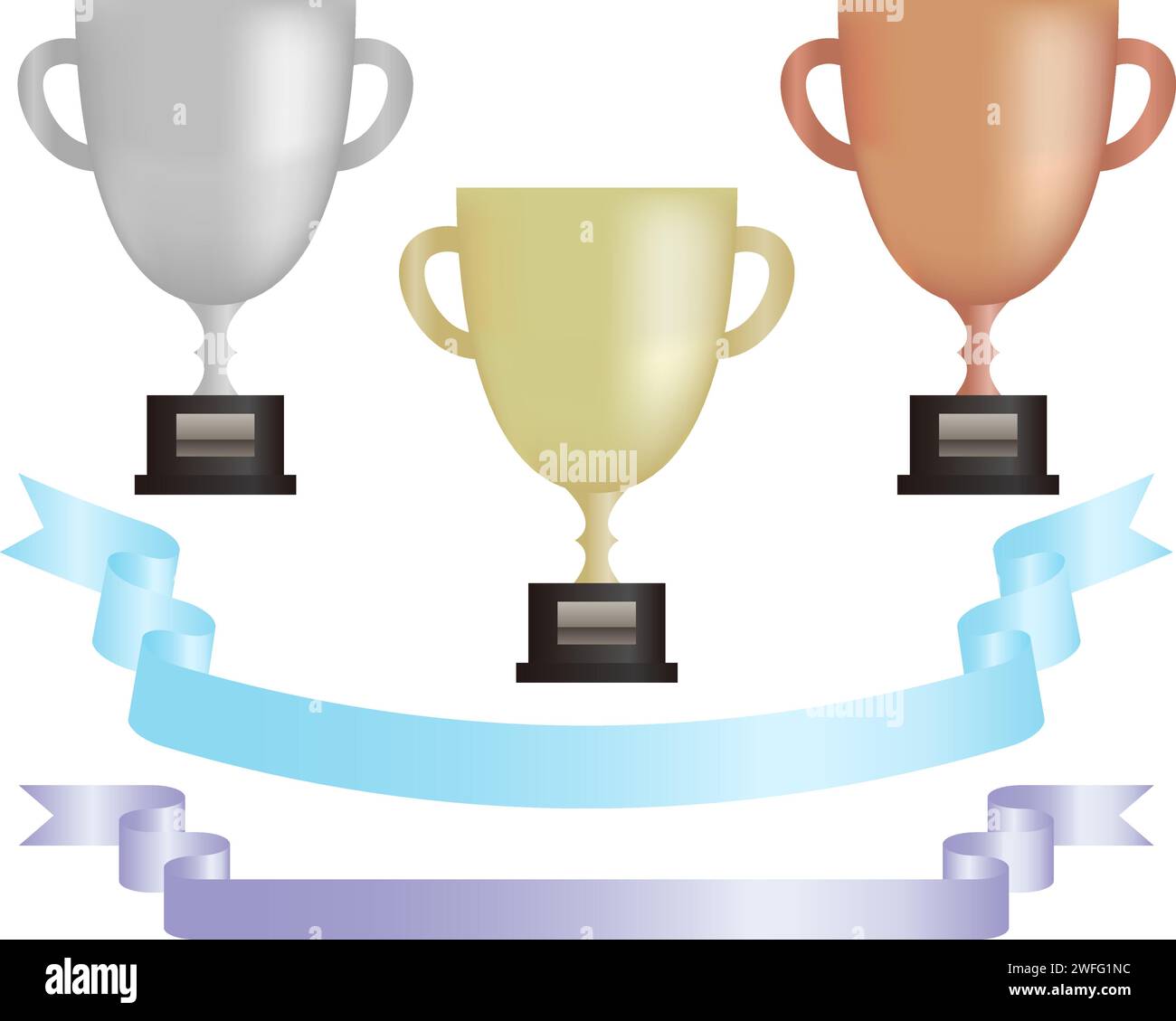 Oro, argento, bronzo trofei dal 1° al 3° posto e set di nastri. Illustrazioni che possono essere utilizzate per premi in sport, concorsi, ecc. Illustrazione Vettoriale
