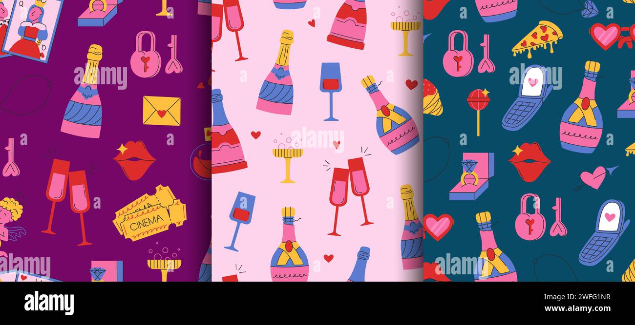 Un set di motivi perfetti per San Valentino. Graziose illustrazioni di doodle. Stile retrò raffinato. Illustrazione vettoriale Illustrazione Vettoriale