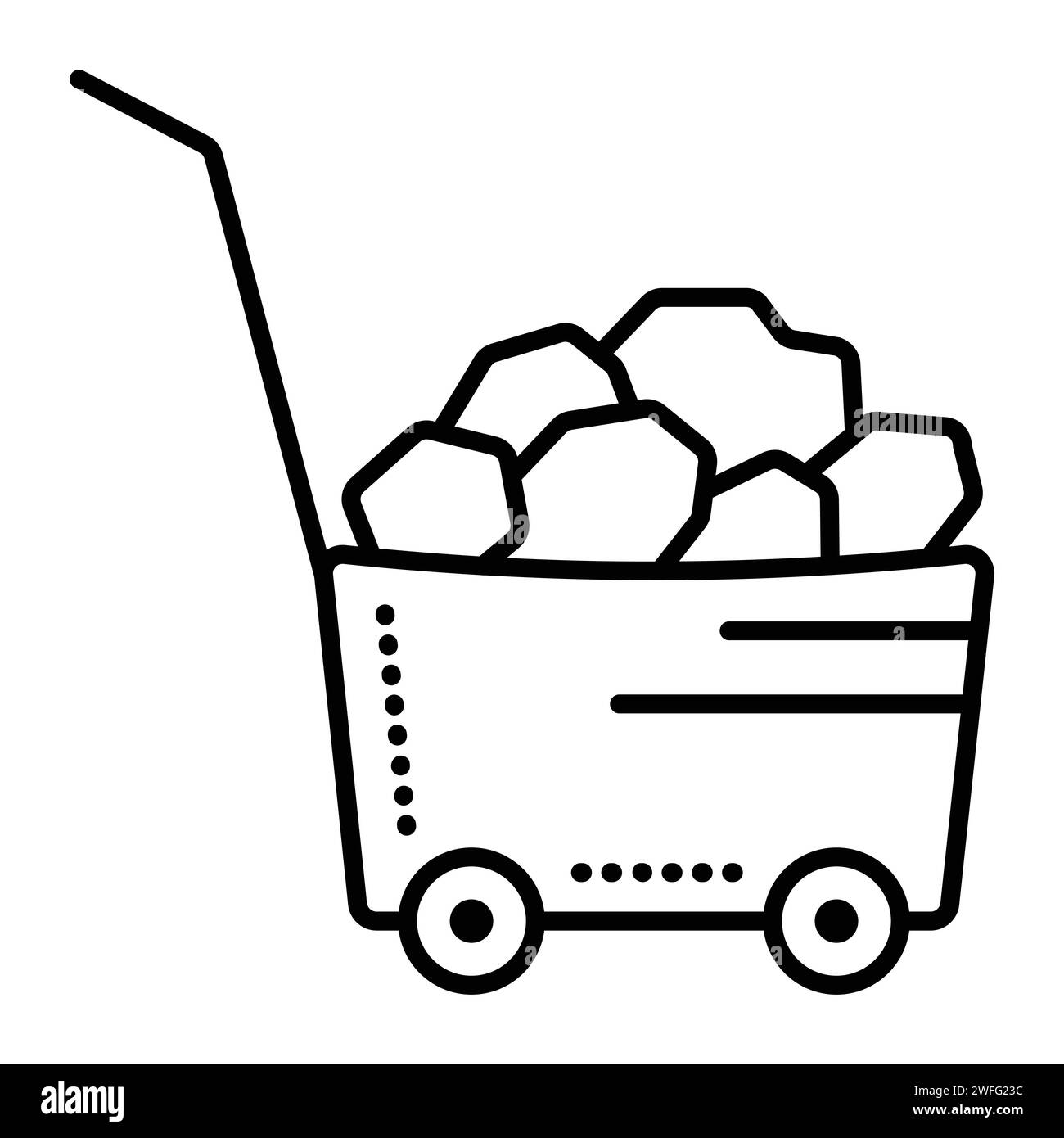 Carrello da carico con carico da costruzione, icona vettoriale linea nera del carrello Illustrazione Vettoriale