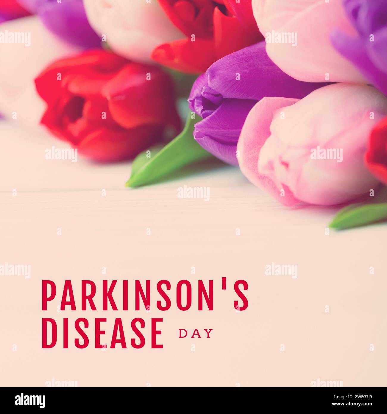 Composizione del testo del giorno del morbo di parkinson su un mucchio di tulipani multicolore. Giorno della malattia di Parkinson, consapevolezza e concetto di salute genere digitale Foto Stock