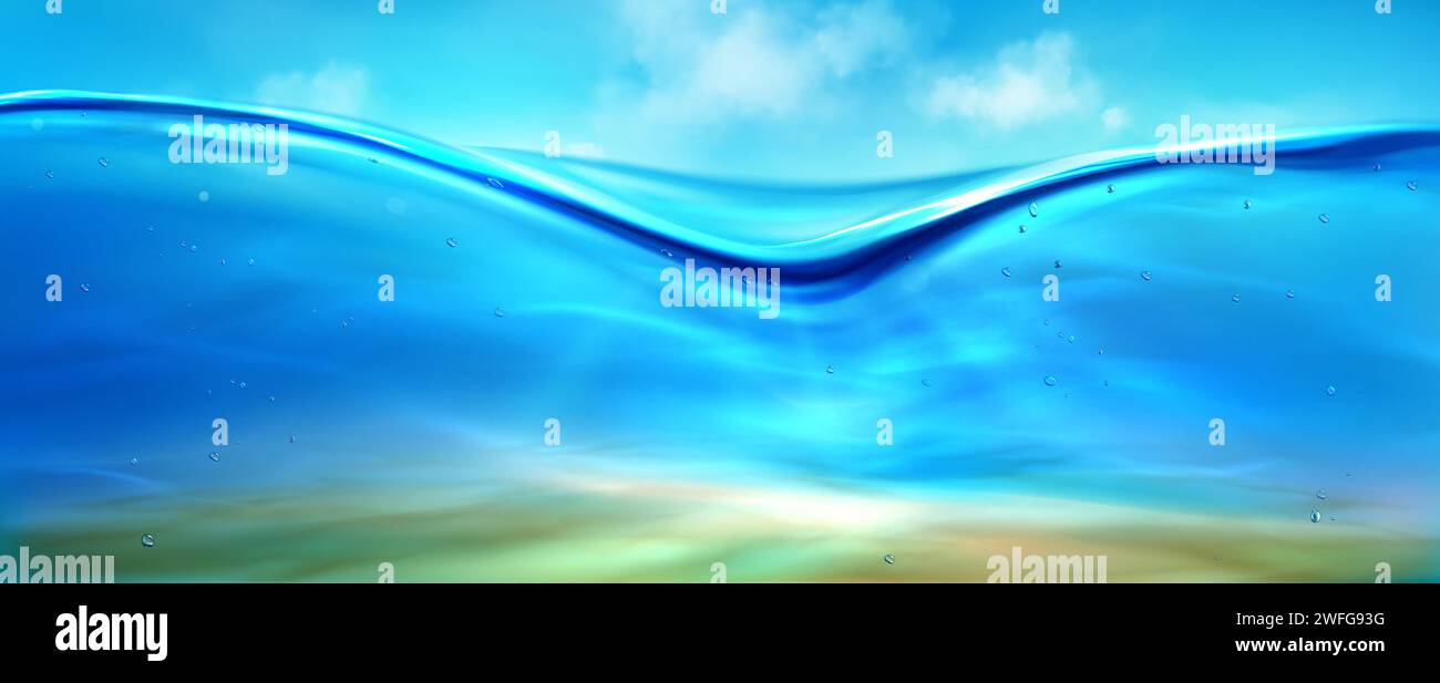 Livello dell'acqua del mare o dell'oceano con superficie acquatica pulita blu, profondità subacquea con bolle e raggi solari, fondo di sabbia e cielo con texture di sfondo nuvole. Illustrazione vettoriale realistica dell'orizzonte marino. Illustrazione Vettoriale Livello dell'acqua del mare o dell'oceano con superficie acquatica pulita blu, profondità subacquea con bolle e raggi solari, fondo di sabbia e cielo con texture di sfondo nuvole. Illustrazione vettoriale realistica dell'orizzonte marino. Illustrazione Vettoriale