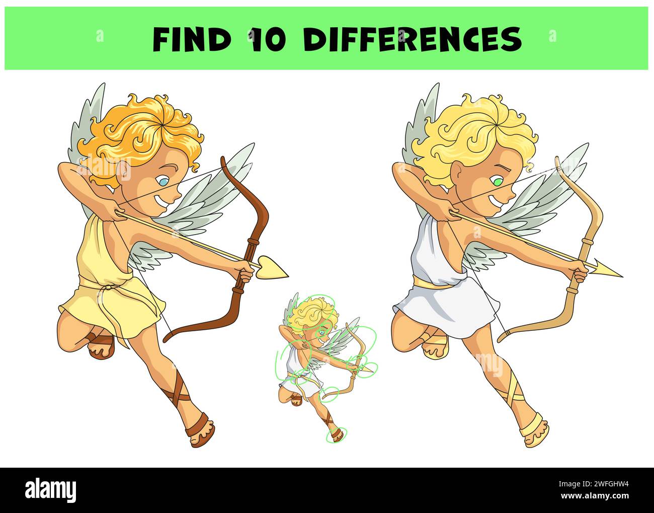 Trova 10 differenze. Gioco educativo per bambini con cartoni animati Cupido personaggio che spara una freccia. Puzzle di logica per bambini, rompicapo. La mano Illustrazione Vettoriale