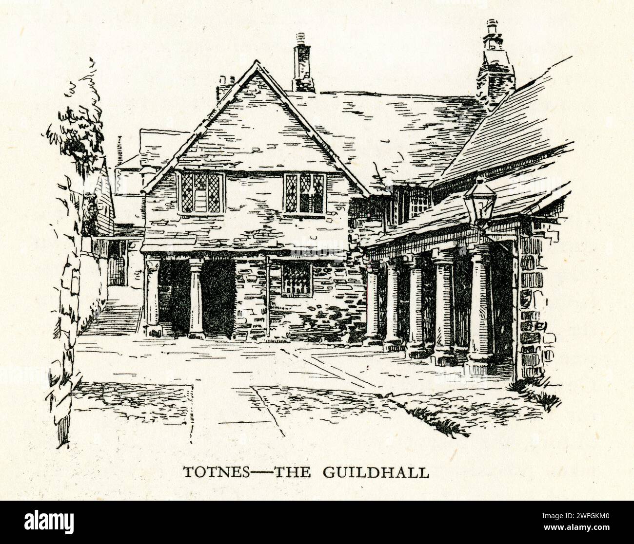 Schizzo a penna e inchiostro - Totnes - la Guildhall. Dal libro Glorious Devon. Di S.P.B. Mais, pubblicato da London Great Western Railway Company, 1928 Foto Stock