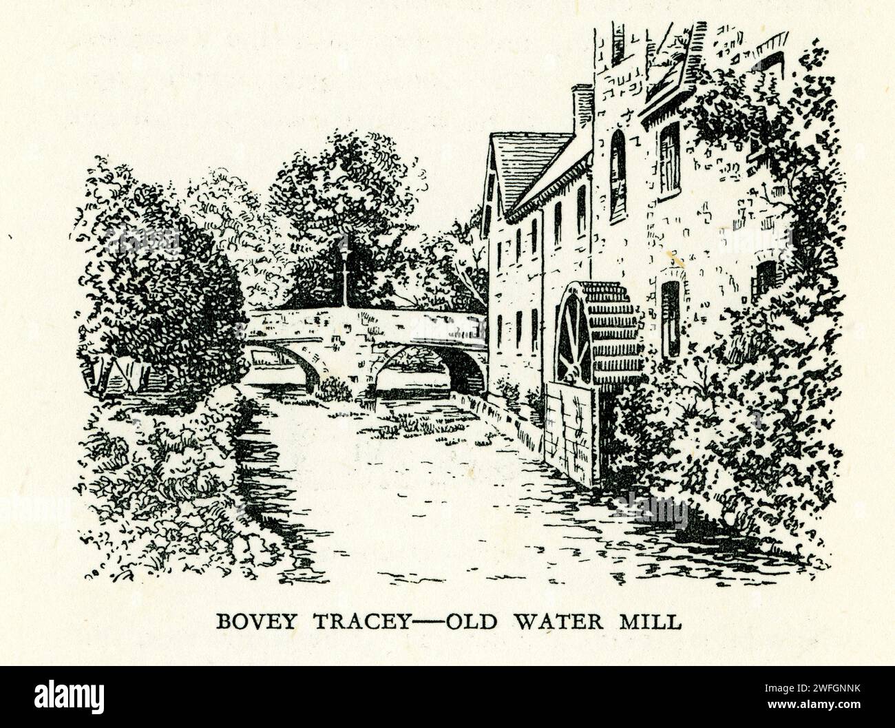 Schizzo a penna e inchiostro - Bovey Tracey Old Water Mill, Devon. Di S.P.B. Mais, pubblicato da London Great Western Railway Company, 1928 Foto Stock