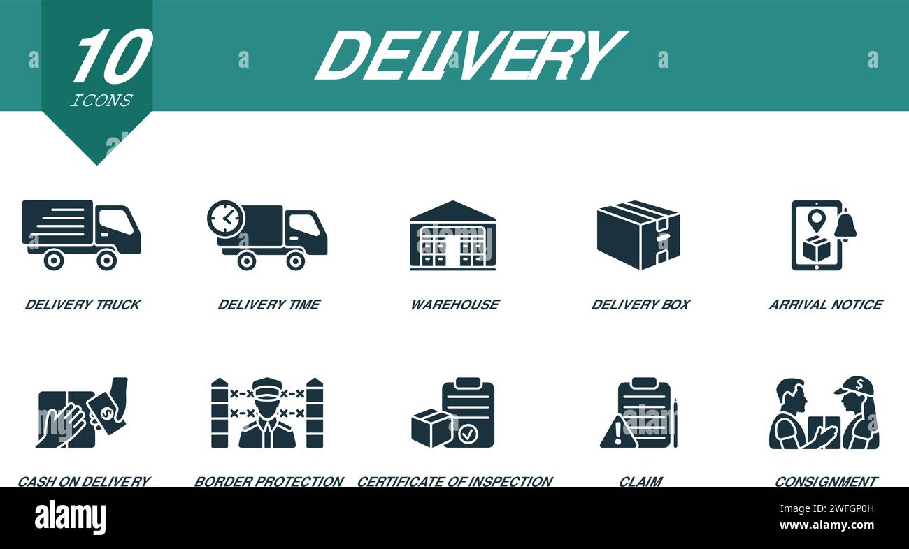 Set di icone di consegna. Icone creative: Veicolo di consegna, tempi di consegna, magazzino, scatola di consegna, avviso di arrivo, contanti alla consegna, protezione delle frontiere Illustrazione Vettoriale