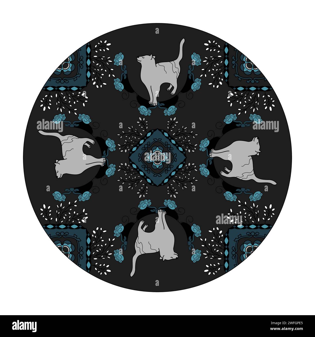 Mandala. Carino Cat. Schema. Grigio scuro e blu turchese. Illustrazione vettoriale. Illustrazione Vettoriale