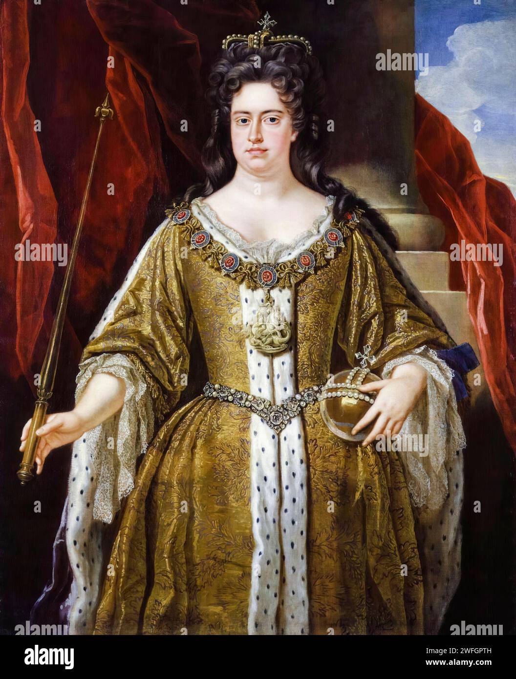 Regina Anna (1665-1714), Regina d'Inghilterra, Scozia e Irlanda (1702-1707), Regina di Gran Bretagna e Irlanda (1707-1714), ritratto dipinto ad olio su tela della bottega di John Closterman, circa 1702 Foto Stock