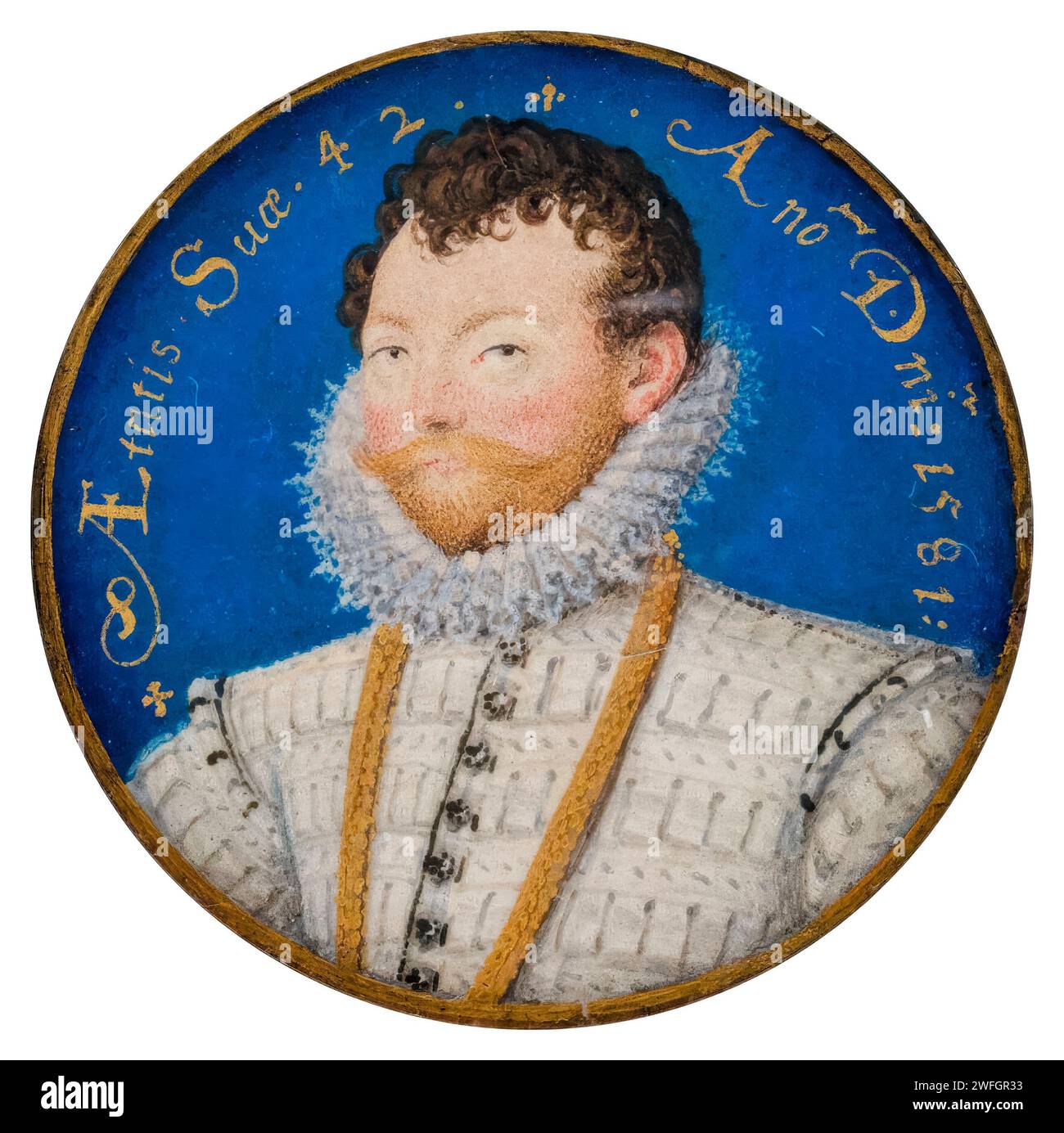 Sir Francis Drake (1540-1596), esploratore inglese, ritratto in miniatura acquerello su pergamena di Nicholas Hilliard, 1581 Foto Stock