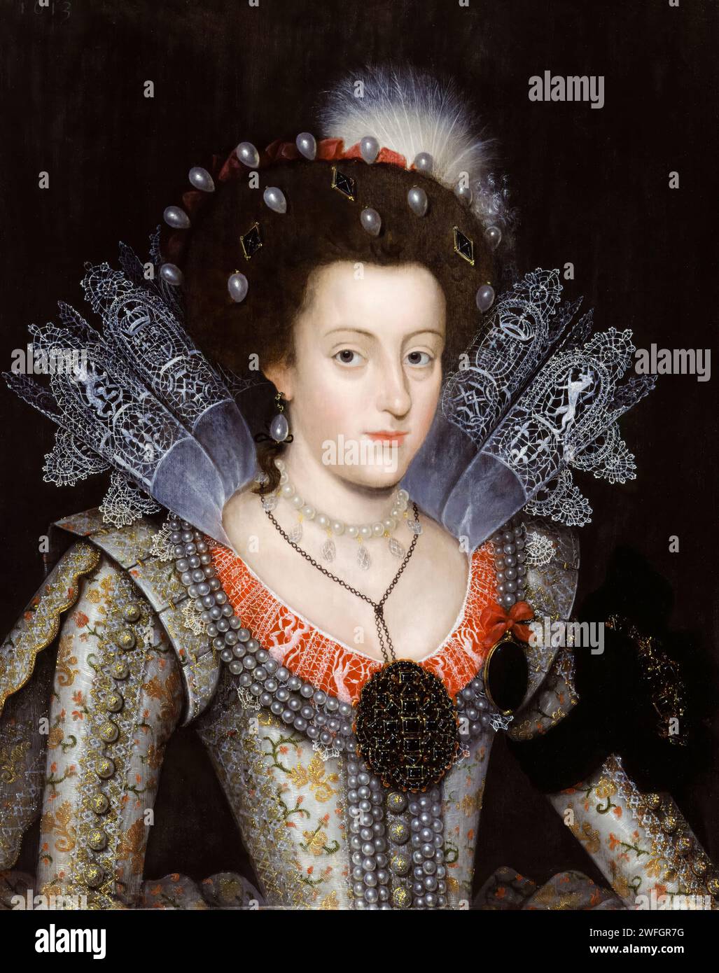 Principessa Elisabetta (1596-1662), regina di Boemia (1619-1620), ed eletttrice Palatina (1613-1623), ritratto dipinto ad olio su tavola, 1613 Foto Stock