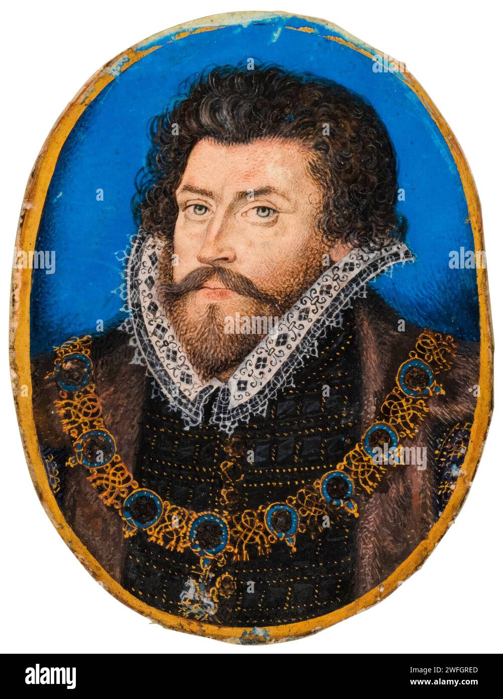 Sir Christopher Hatton (1540-1591), politico inglese e Lord Cancelliere d'Inghilterra, ritratto dipinto ad acquerello in miniatura su pergamena di Nicholas Hilliard, dopo il 1588 Foto Stock
