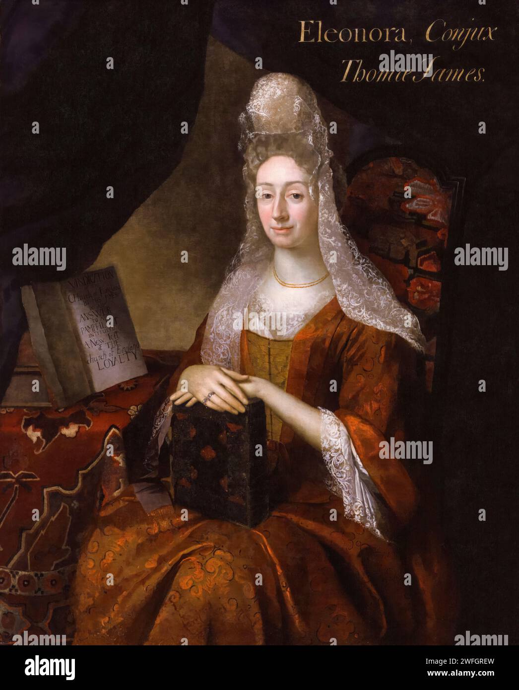 Elinor James o Eleanor James (Elinor Banckes, 1644-1719), scrittore, stampatore e controverso inglese, ritratto a olio su tela, circa 1690 Foto Stock
