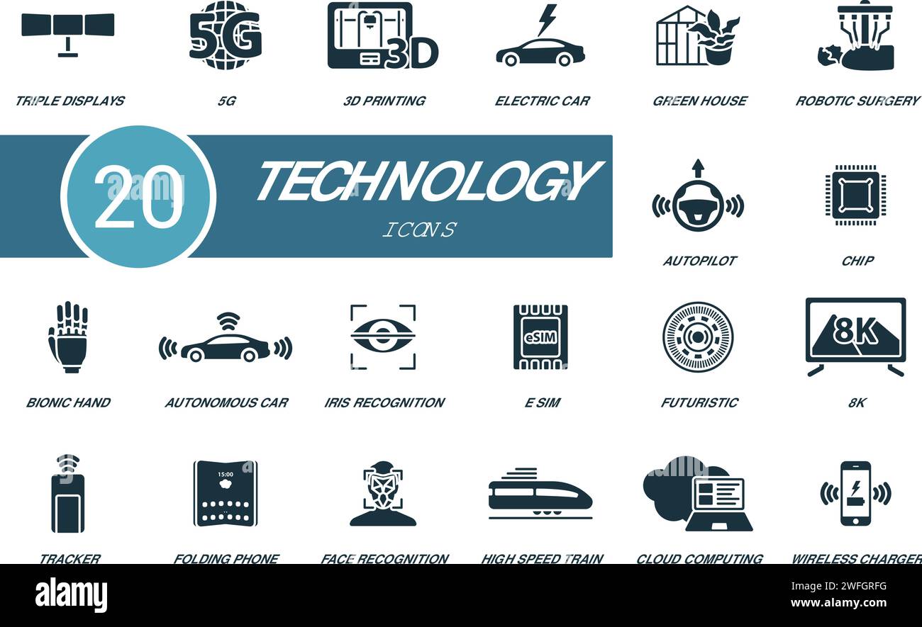 Set di tecnologie. Icone creative: Tre display, 5g, stampa 3d, auto elettrica, green House, chirurgia robotica, autopilota, chip, mano bionica, autonomo Illustrazione Vettoriale
