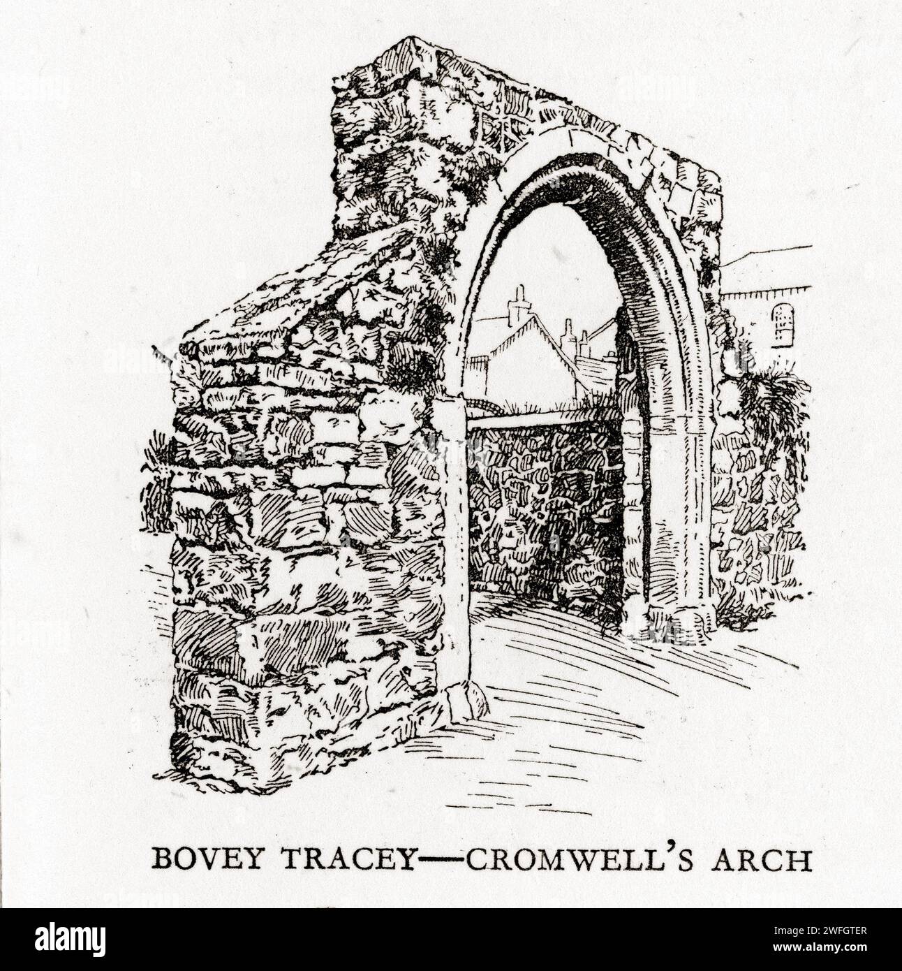 Schizzo a penna e inchiostro - Cromwell's Arch, Bovey Tracey, Devon. Illustrazione dal libro Glorious Devon, di S.P.B. Mais, pubblicato da London Great Western Railway Company, 1928 Foto Stock