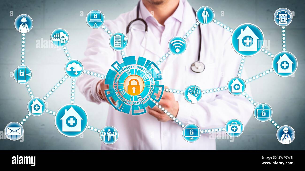 Giovani medici maschi condividono in modo sicuro i dati sanitari sensibili tra dispositivi mobili e pratiche mediche. Concetto IT per la cybersicurezza e sicurezza i Foto Stock