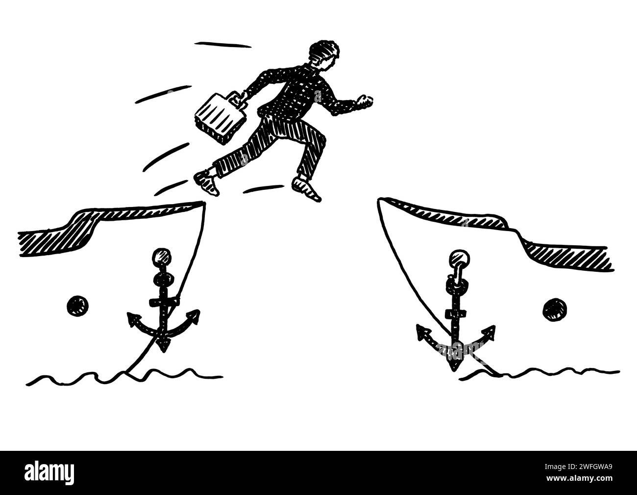 Pennarello disegnato a mano di un uomo d'affari che salta su una nave con un portafoglio in mano. Concetto di business per abbandonare attività, rassegnare le dimissioni, uscire dal lavoro, partecipare Foto Stock