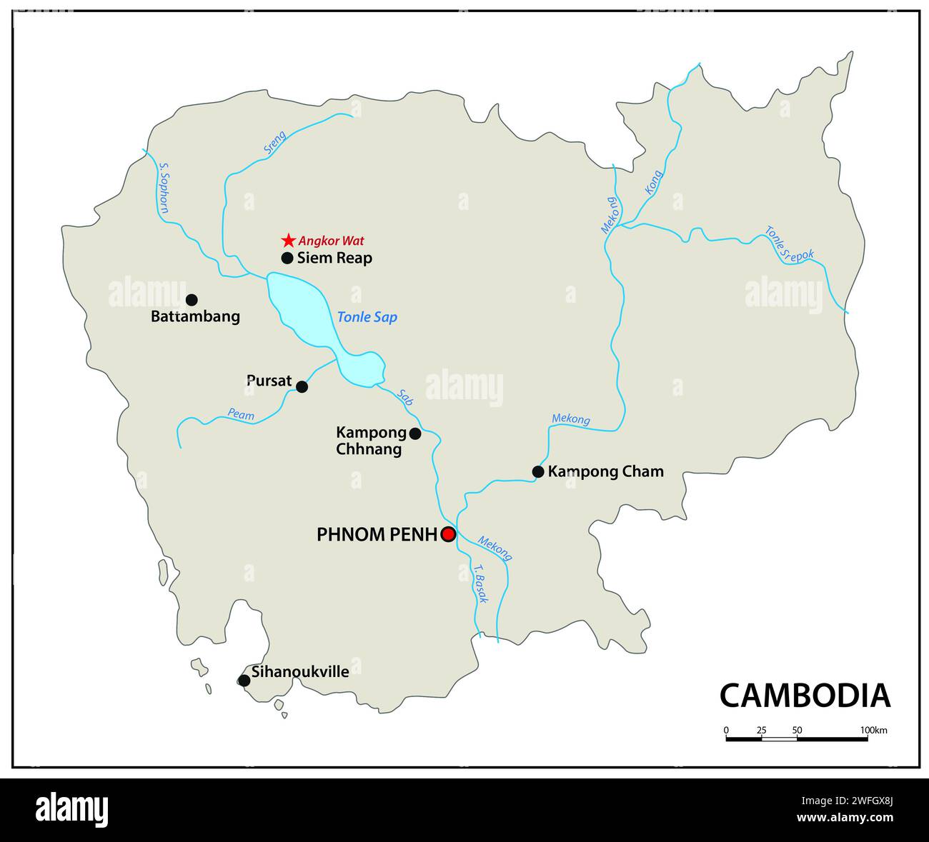 Semplice mappa panoramica del Regno di Cambogia Foto Stock