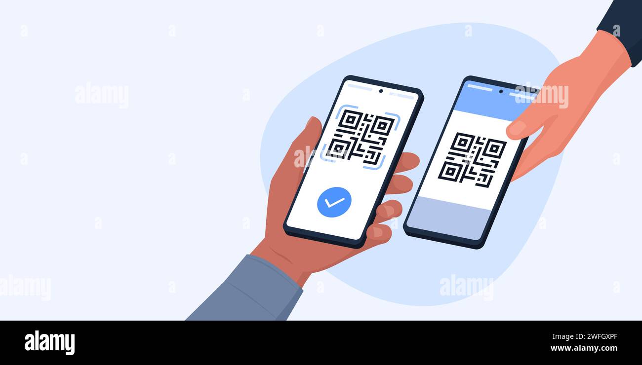 Pagamento con codice QR sullo smartphone: Il cliente esegue la scansione di un codice QR sullo schermo dello smartphone del rivenditore, banner con spazio per la copia Illustrazione Vettoriale