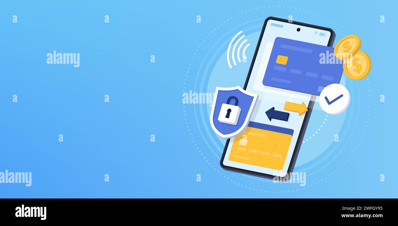 Portafoglio digitale, pagamenti elettronici e app di online banking su smartphone, banner con spazio per la copia Illustrazione Vettoriale