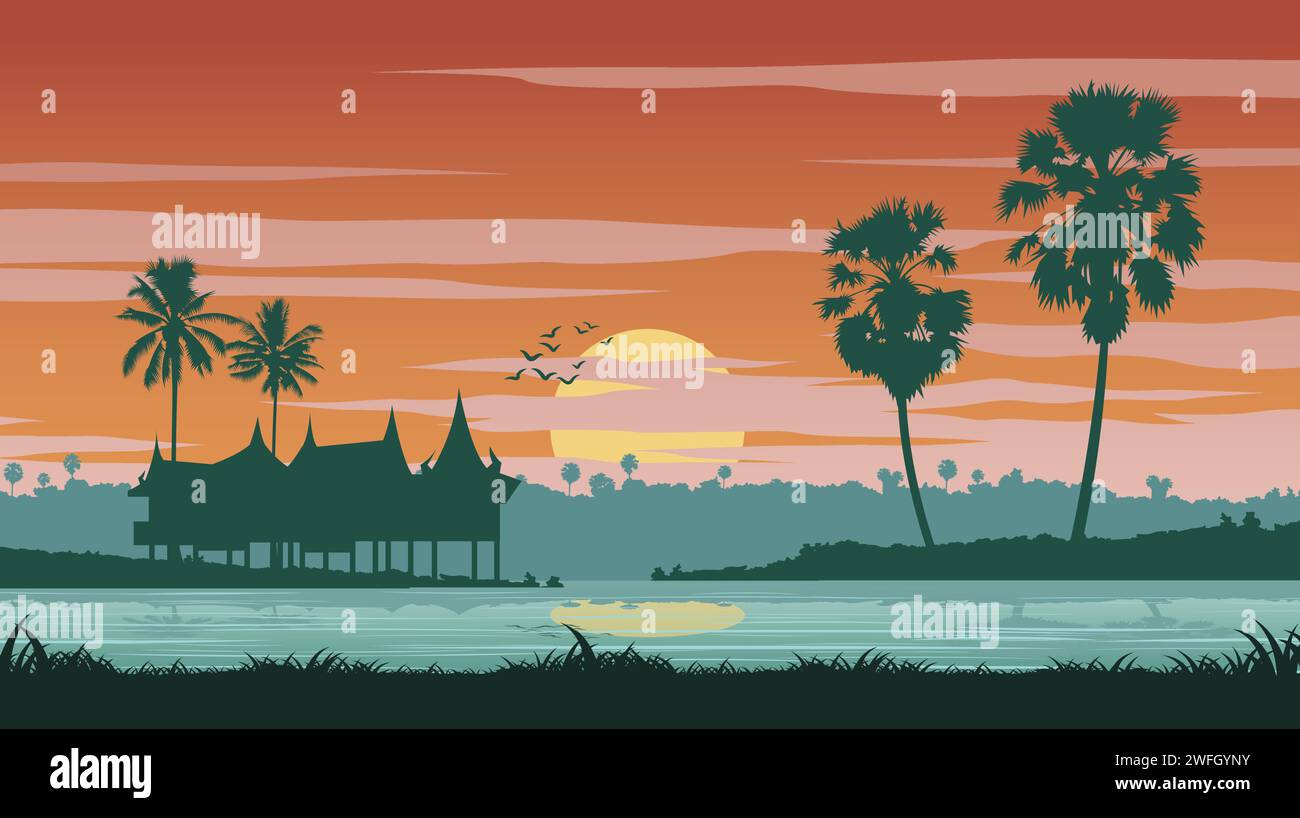 Vita rurale tailandese e laghetto al tramonto con palme e illustrazione vettoriale Illustrazione Vettoriale