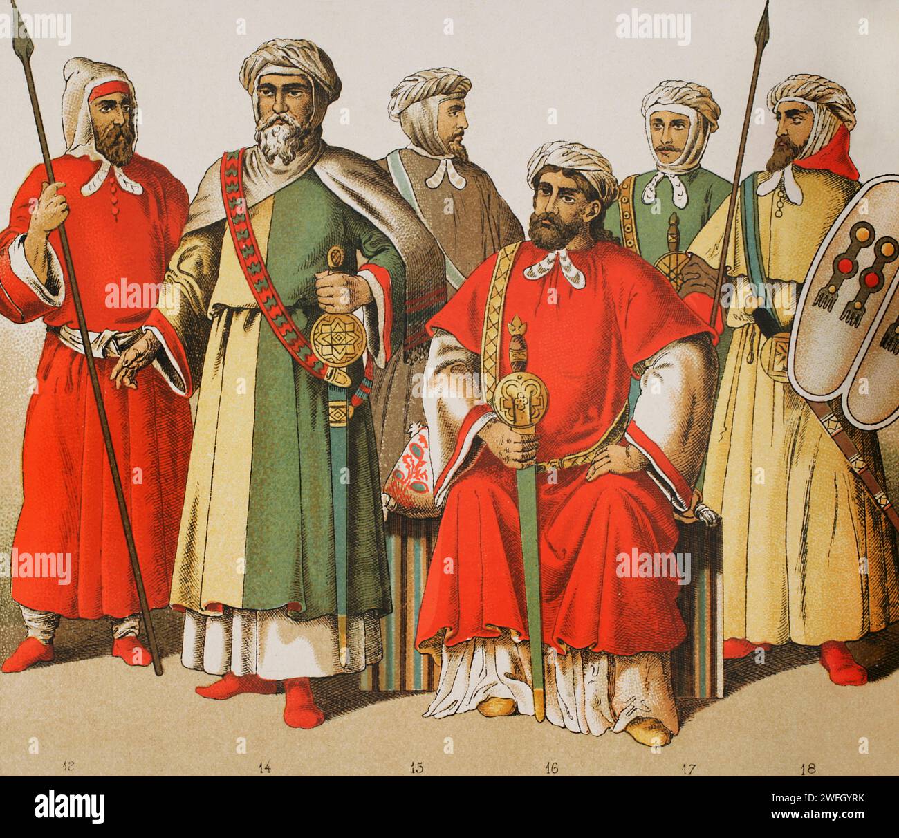 Penisola iberica. Emirato di Granada nel XIV secolo. Re Nasridi e due guerrieri. Cromolitografia. Historia Universal, di César Cantú. Volume vi, 1885. Foto Stock