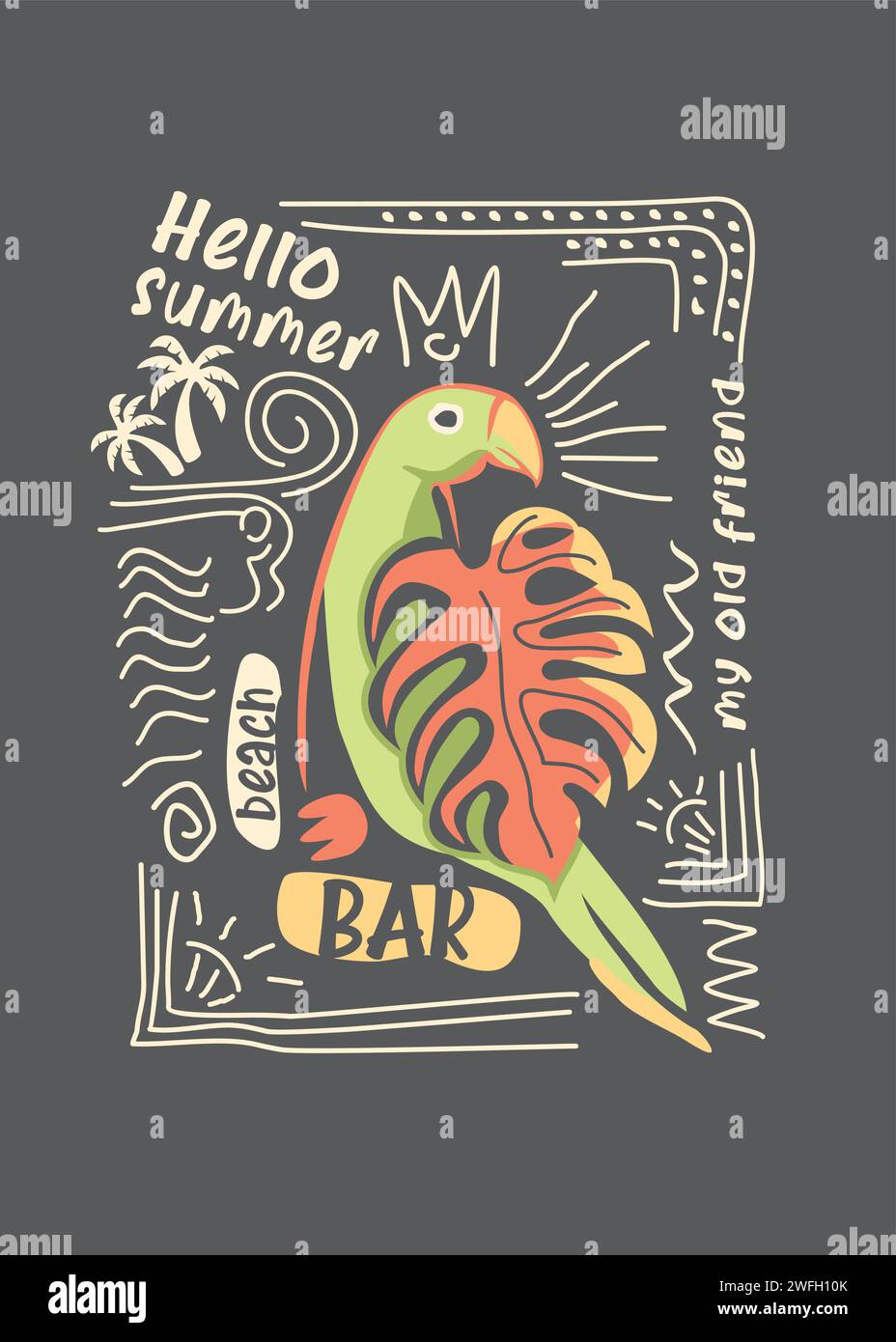 Grafica del pappagallo di Macao con elementi di design e scarabocchi. Illustrazione vettoriale artistica con tema tropicale estivo, perfetta per la t-shirt pri Illustrazione Vettoriale