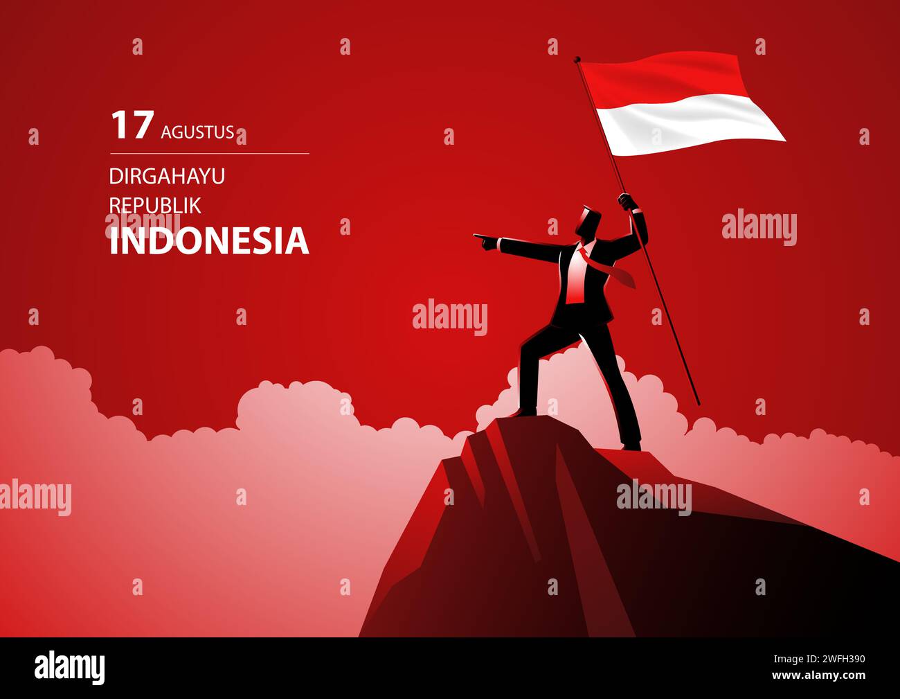 Uomo d'affari che regge la bandiera dell'Indonesia sulla cima della montagna, il significato del testo della copia è longevità Repubblica dell'Indonesia, illustrazione vettoriale Illustrazione Vettoriale