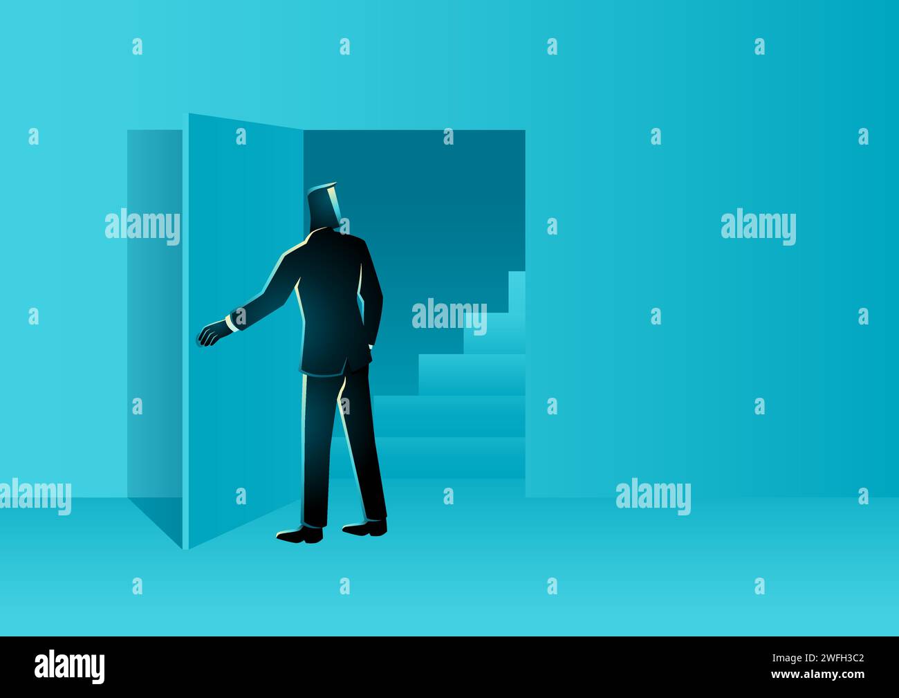 Uomo d'affari apre la porta e trova una scala all'interno, carriera, curiosità, uscita di emergenza, illustrazione vettoriale Illustrazione Vettoriale Uomo d'affari apre la porta e trova una scala all'interno, carriera, curiosità, uscita di emergenza, illustrazione vettoriale Illustrazione Vettoriale