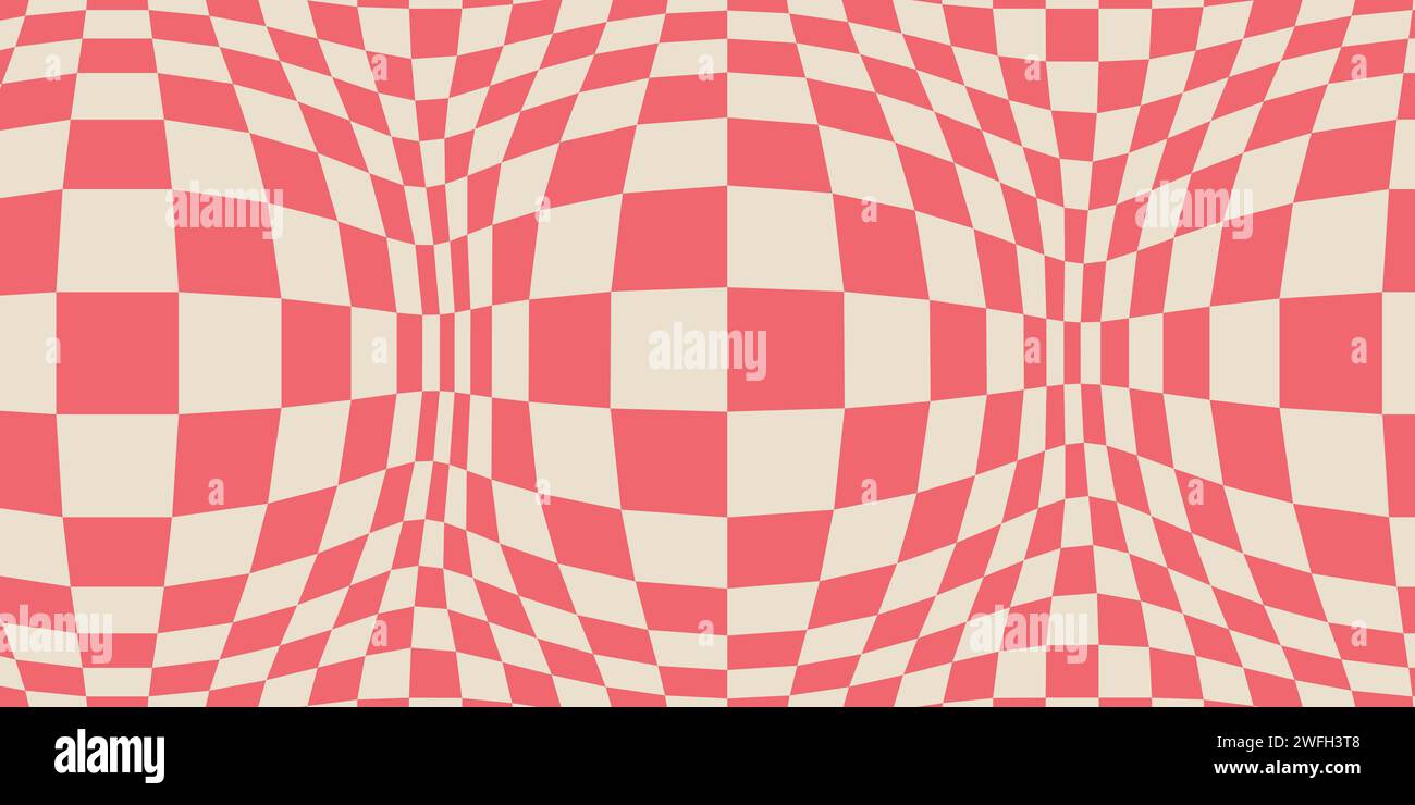 Sfondo colorato a scacchi gonfiato, motivo vettoriale astratto. La scacchiera psichedelica retro ondulata nei colori rosso e bianco. Illustrazione Vettoriale