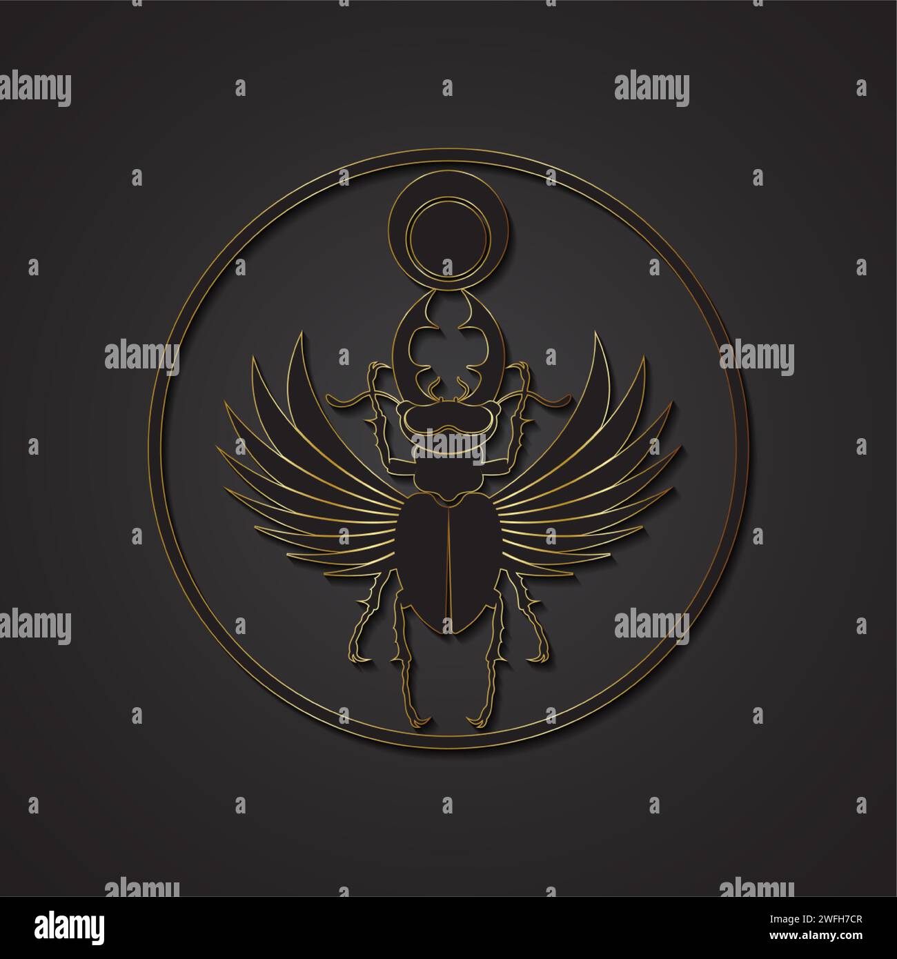 Corna di scarabeo sacro egiziano con ali. Logo nero, silhouette dorata. Insetto vettoriale isolato su sfondo nero. Simbolo dell'antico Illustrazione Vettoriale