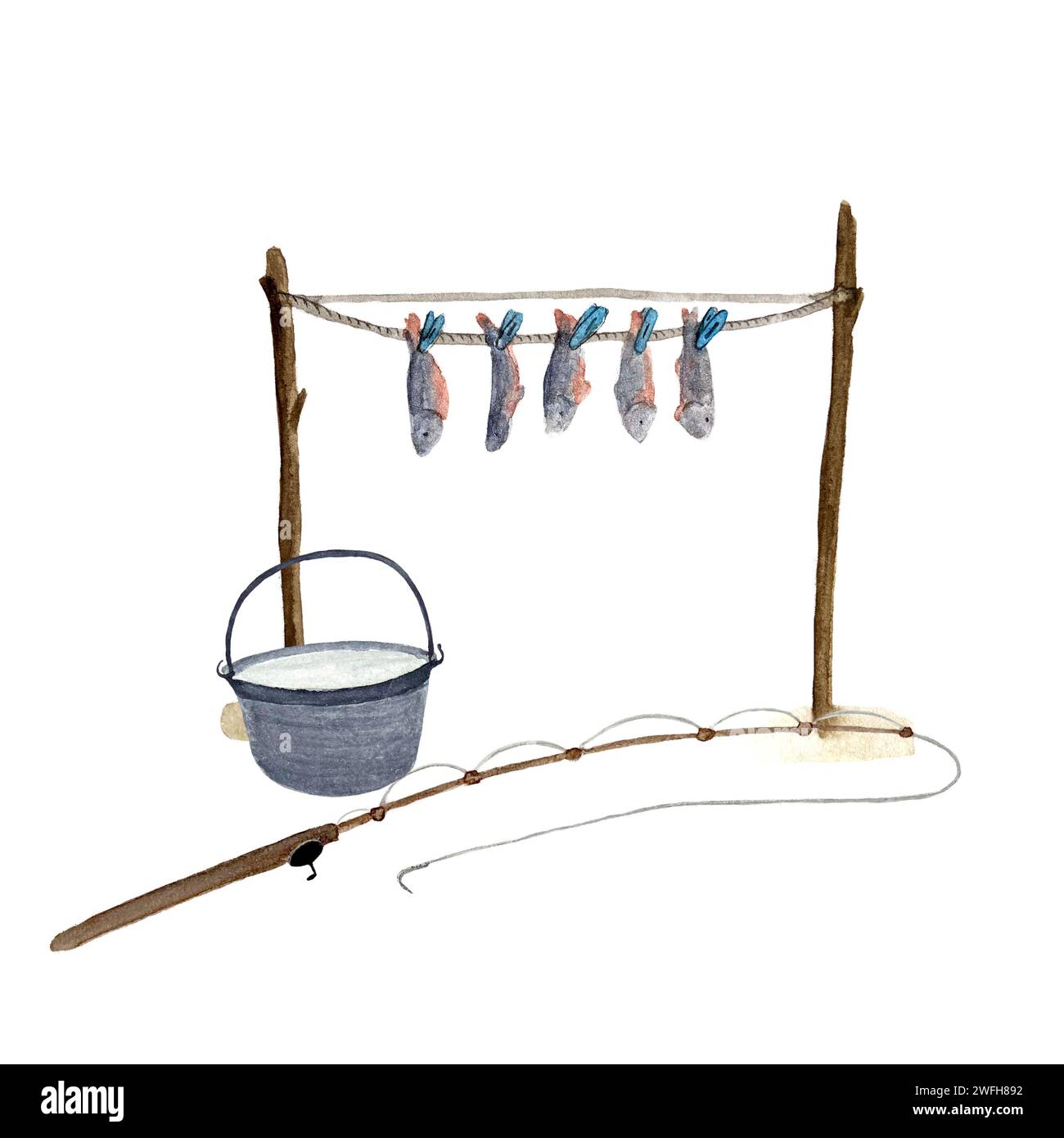 Acquerello pesca essiccazione composizione del pesce isolato su bianco Foto Stock