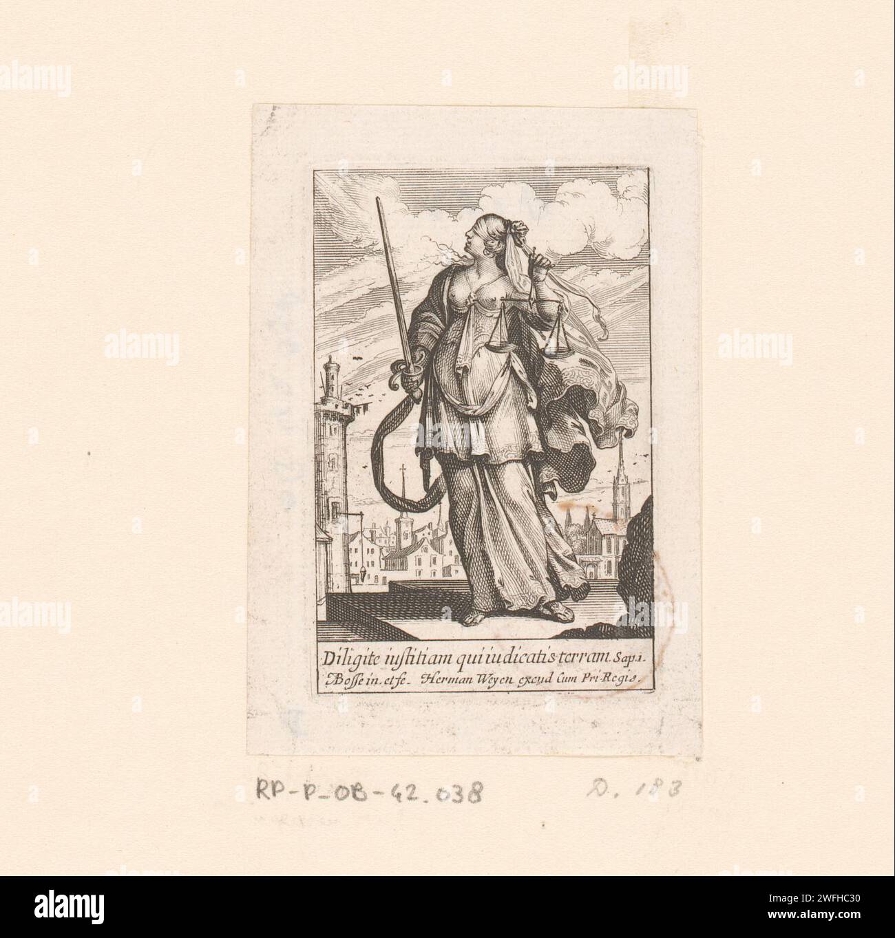 Giustizia (Justitia), Abraham Bosse, stampa del 1636 Paris paper etching / incisione le sette virtù (simboleggiato). Giustizia, "Justitia"; "Giustitia divina" (Ripa)  una delle quattro virtù cardinali Foto Stock