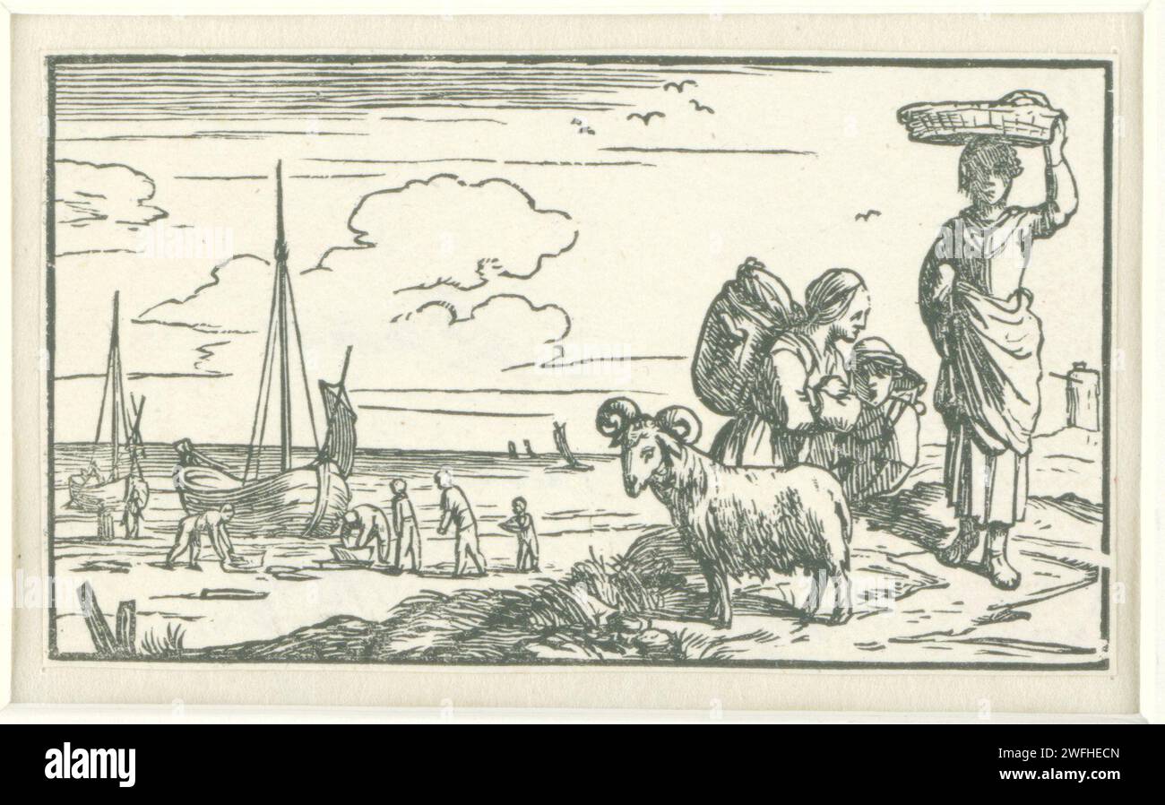 March, Dirck De Bray, 1635 - 1694 stampa due donne con cesti e un ragazzo che cammina su una duna. Sullo sfondo, i pescatori stanno lavorando su una spiaggia con le barche. C'è un ariete in primo piano. Netherlands paper March and ITS 'Labors' (+ with Aries (March)) Foto Stock