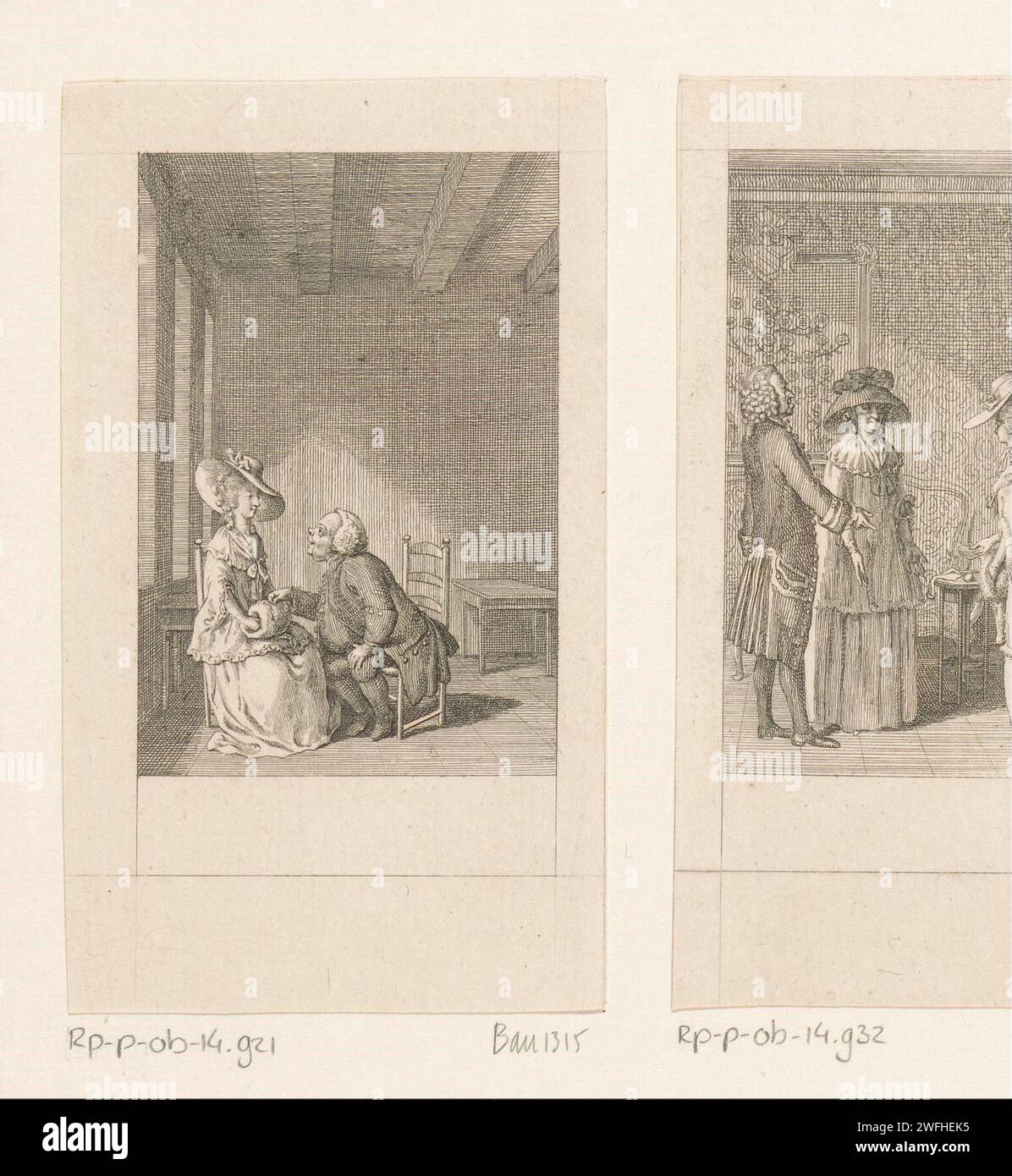 Cecilia viene invitata per la sua vita amorosa da Mr. Briggs, Daniel Nikolaus Chodowiecki, stampa del 1787 Berlin paper etching Literature. interno della casa. conversazione, dialogo; conversazione. afferrare qualcuno per la mano o il polso; mani stringute Foto Stock