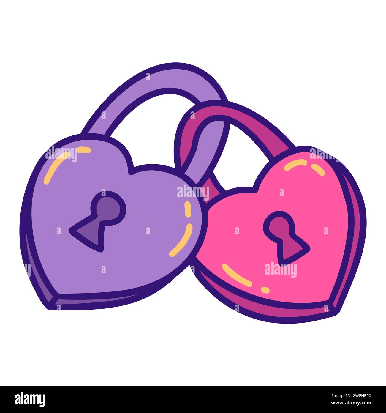 Due chiusure a forma di cuore fissate insieme. Concetto di San Valentino. Illustrazione vettoriale isolata colorata, disegno a mano, clip per doodle. 14 febbraio, roman Illustrazione Vettoriale