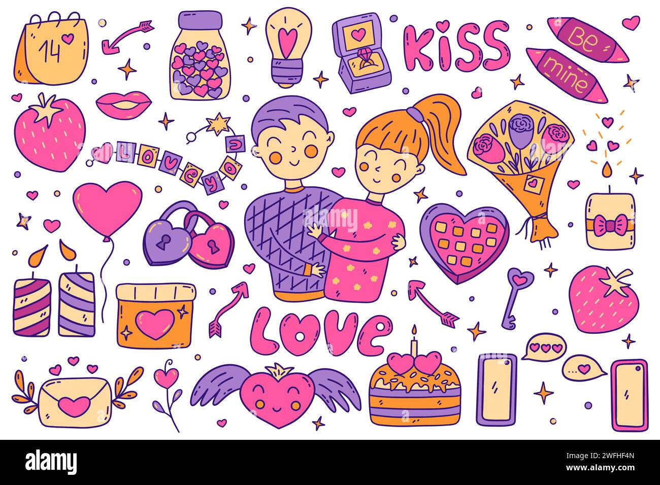 Set di elementi per San Valentino. Coppia di amanti, fiori e caramelle, regali e candele, fragole e lucchetti con chiave, cuori e stelle. Colorato V Illustrazione Vettoriale