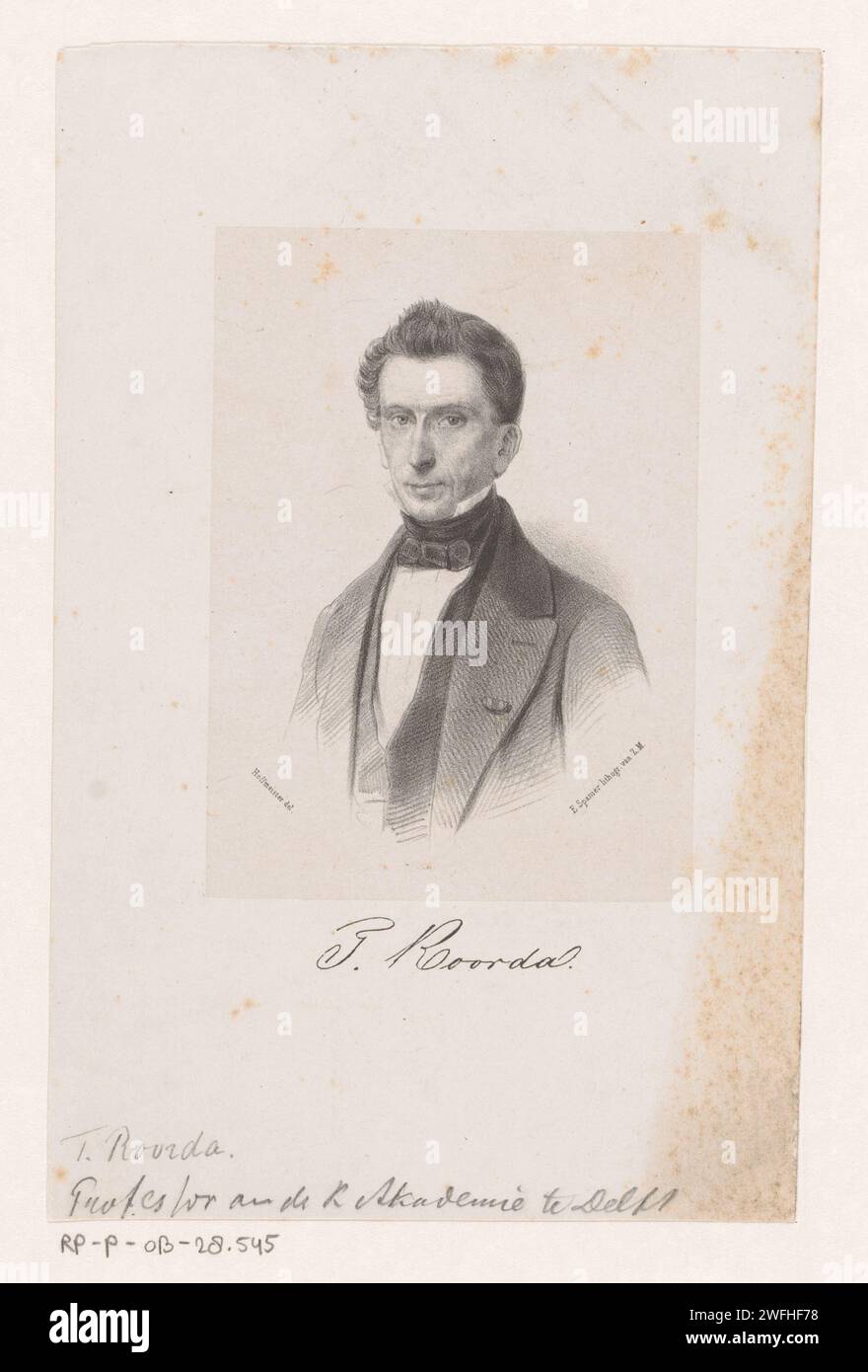 Ritratto di Taco Roorda, Johan Hendrik Hoffmeister, c. 1851 - 1883 stampa sotto il ritratto la firma della persona ritratta. Tipografia: Netherlandsprinter: La carta dell'Aia. Foto Stock
